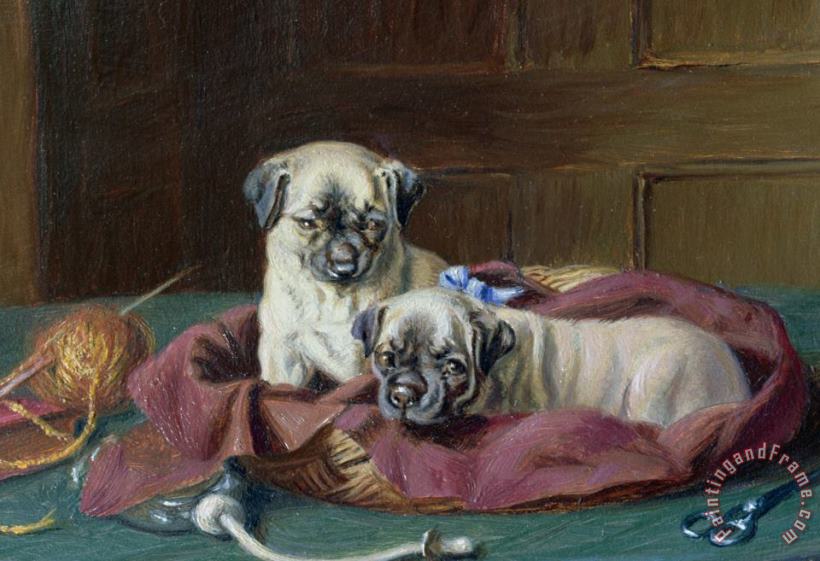 Pug Puppies in a Basket painting -  Horatio Henry Couldery Pug Puppies in a Basket Art Print
