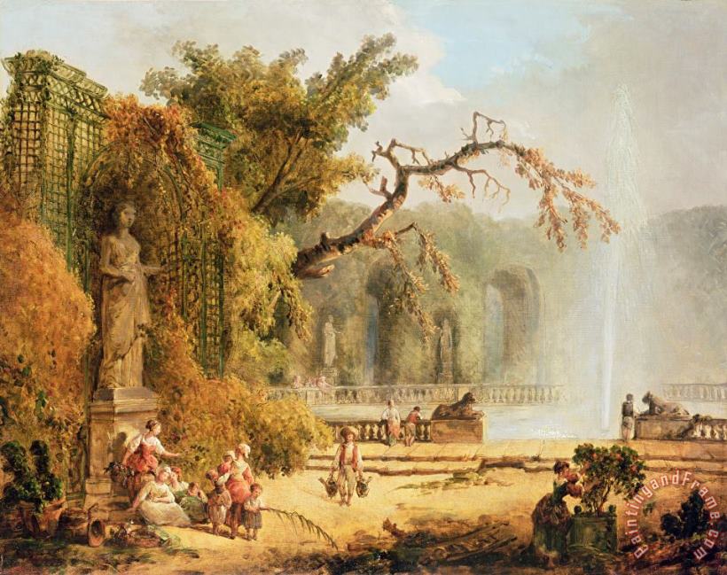 Romantic garden scene painting - Hubert Robert Romantic garden scene Art Print