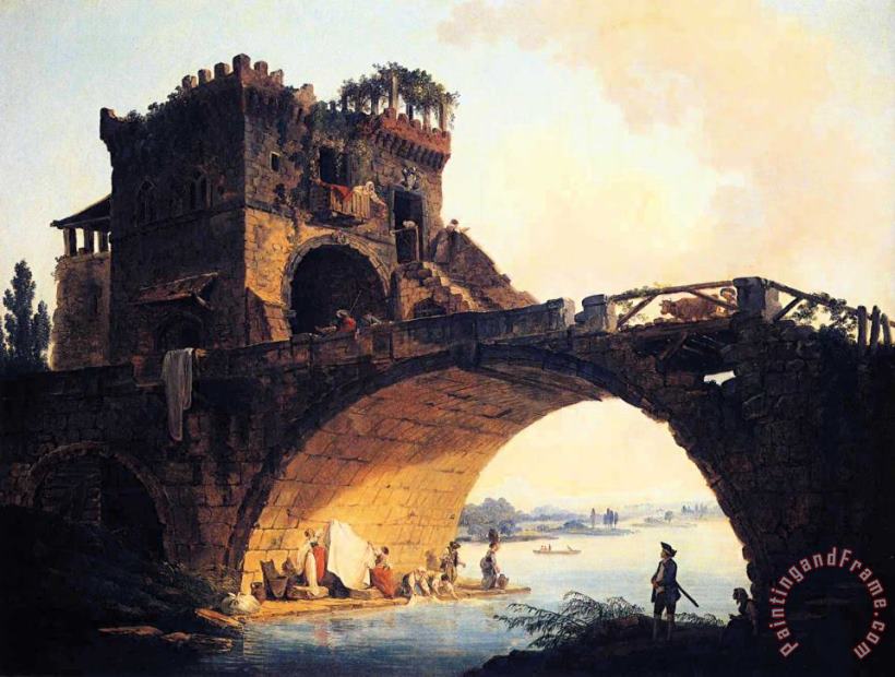 Hubert Robert The Old Bridge Art Painting