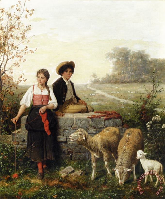 The Young Sheep Tenders painting - Hubert Salentin The Young Sheep Tenders Art Print