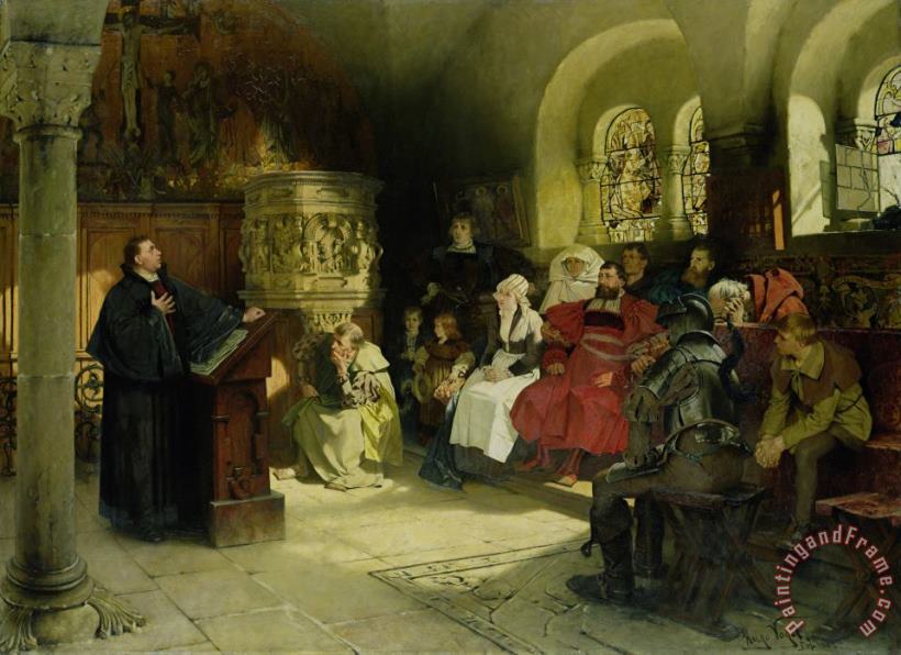 Luther Preaches using his Bible Translation while Imprisoned at Wartburg painting - Hugo Vogel Luther Preaches using his Bible Translation while Imprisoned at Wartburg Art Print