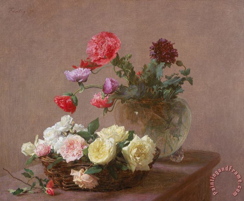 Ignace Henri Jean Fantin-Latour Poppies in a Crystal Vase - or Basket of Roses Art Print