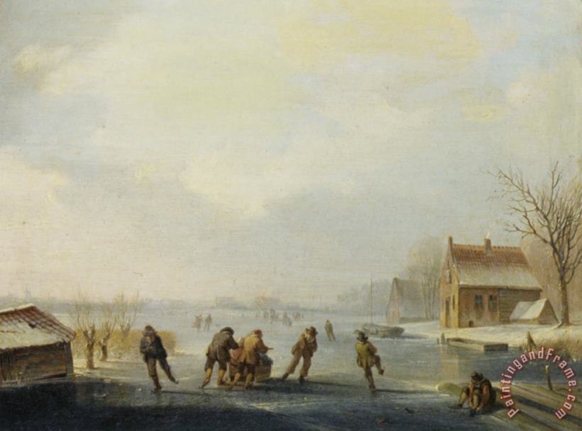 Jacobus Van Der Stok Skaters on a Frozen Waterway Art Painting