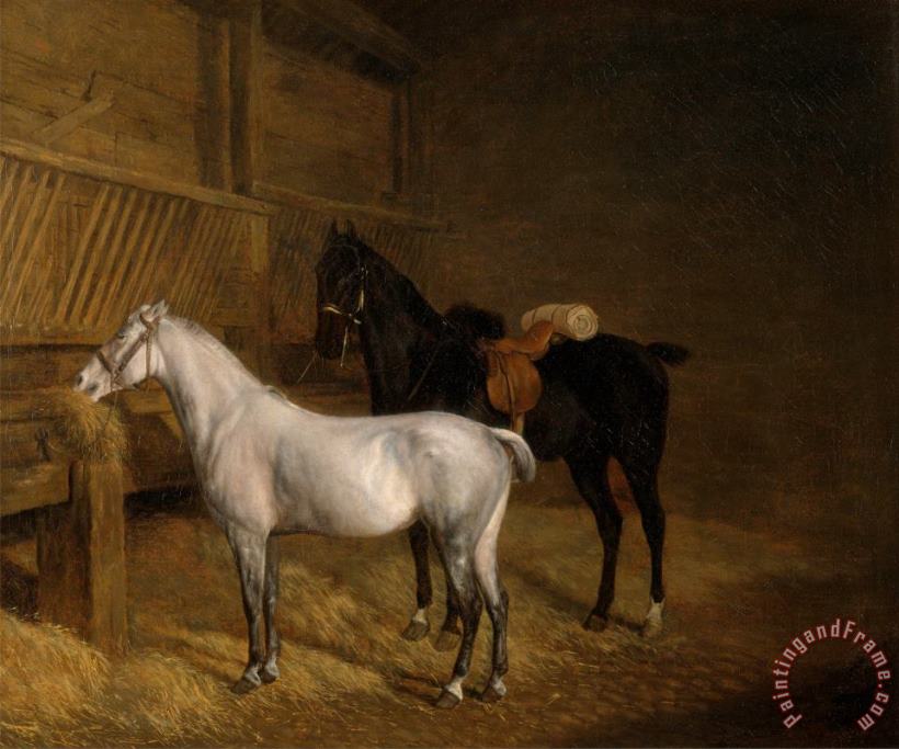 Jacques-Laurent Agasse A Grey Pony And a Black Charger in a Stable Art Painting