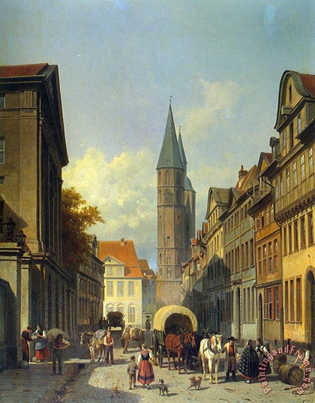 Jacques Carabain A Busy Street in a German Town Art Painting