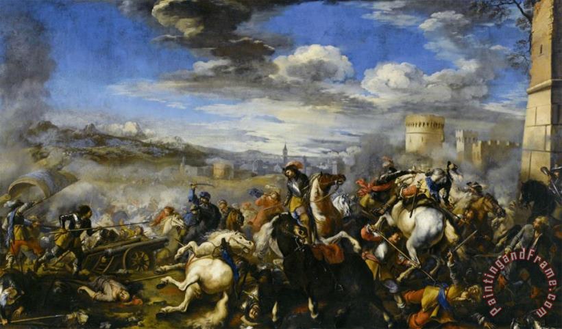 Battle Scene with Infantry Cavalry And Cannon a Fortress And a City Beyond painting - Jacques Courtois Battle Scene with Infantry Cavalry And Cannon a Fortress And a City Beyond Art Print