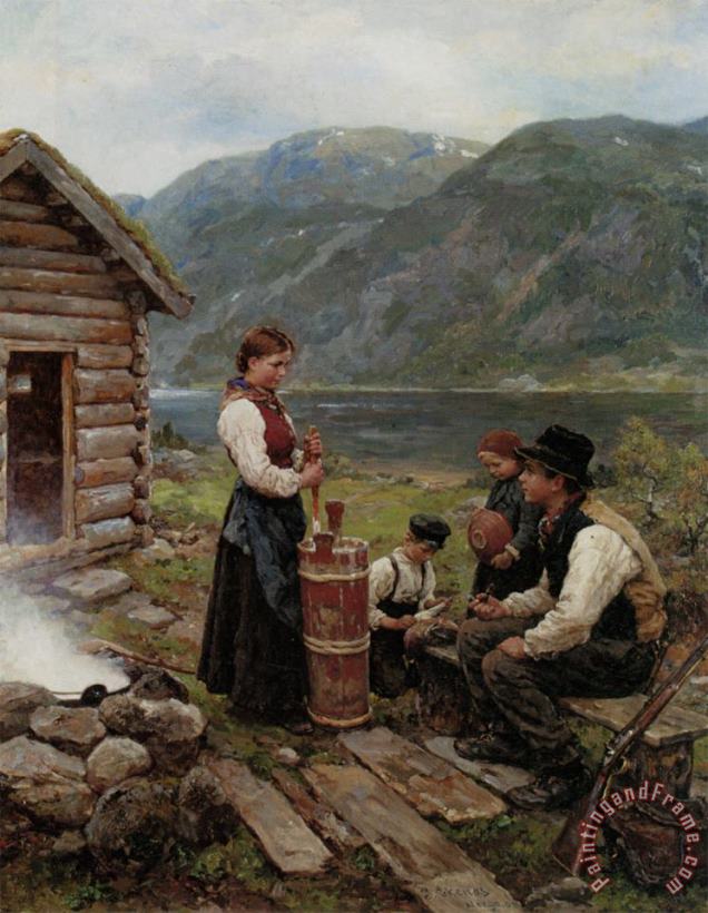 Familie Norsk Fjordlandskap painting - Jahn Ekenaes Familie Norsk Fjordlandskap Art Print