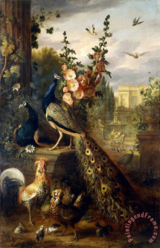 Jakob Bogdany Two Peacocks on a Stone Plinth in a Garden Art Painting