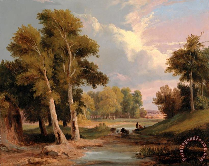 James Arthur O'Connor A Wooded River Landscape with Fishermen Art Print
