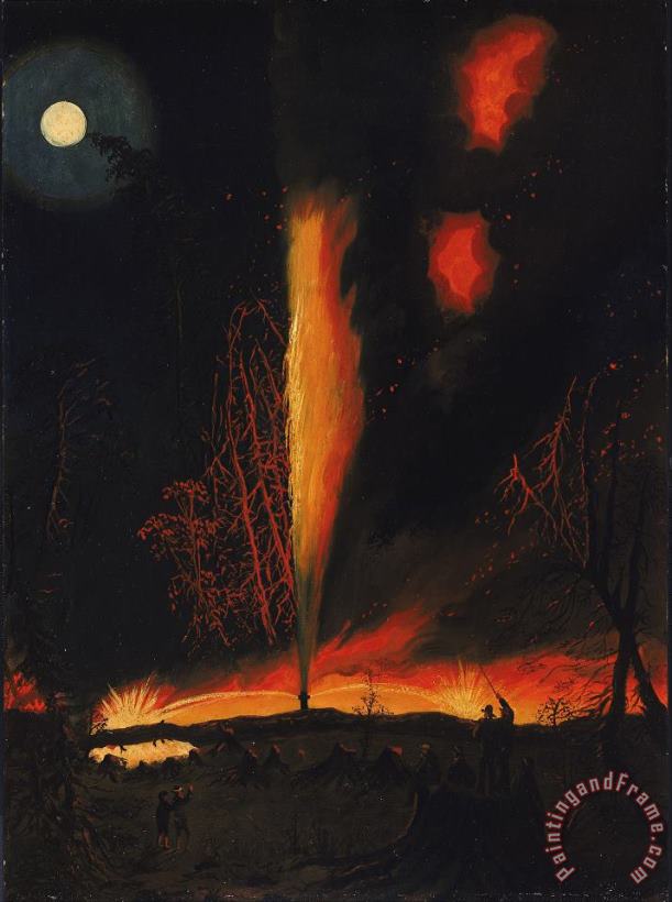 Burning Oil Well at Night, Near Rouseville, Pennsylvania painting - James Hamilton Burning Oil Well at Night, Near Rouseville, Pennsylvania Art Print