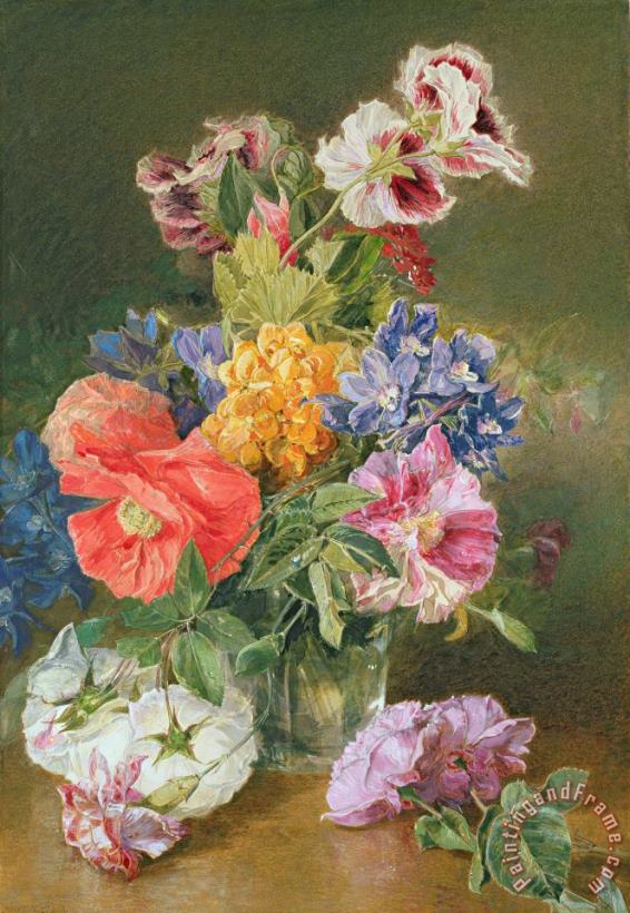James Holland Roses Poppy And Pelargonia Art Print