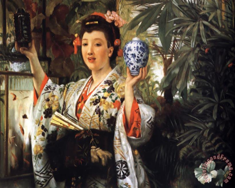 James Jacques Joseph Tissot Young Lady Holding Japanese Objects Art Painting