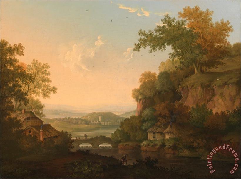 James Lambert of Lewes A River Scene with Thatched Huts by a Bridge Over a Weir Art Painting