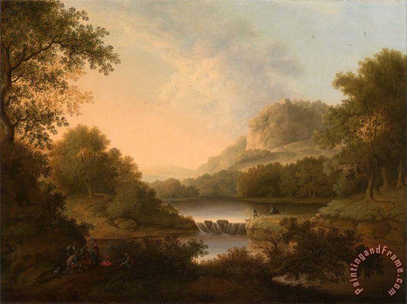 James Lambert of Lewes Figures with a Donkey And Dog Crossing a Weir Art Painting