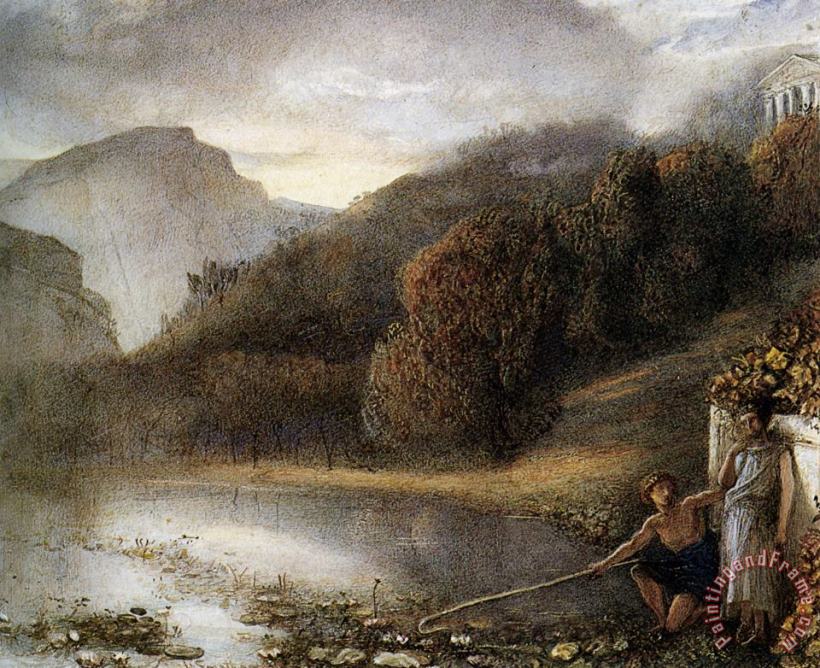 James Smetham Classical Figures by a River with a Temple Beyond Art Painting