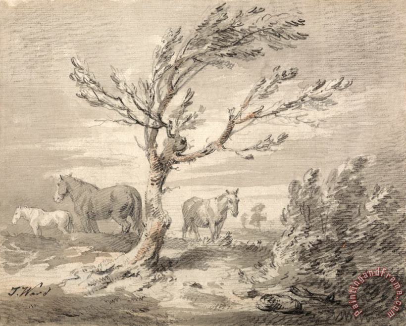 James Ward Landscape with Three Horses And a Tree in The Foreground Art Painting