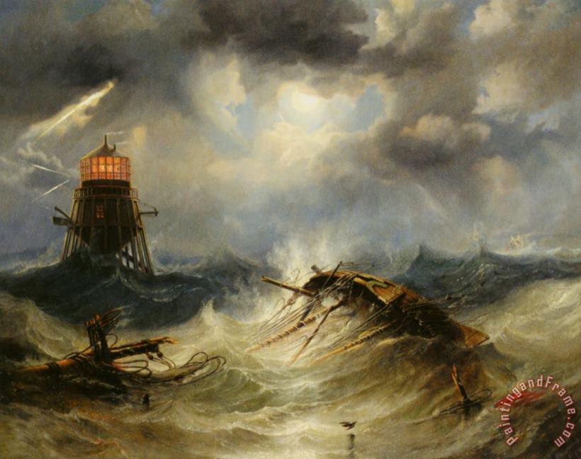 The Irwin Lighthouse Storm Raging painting - James Wilson Carmichael The Irwin Lighthouse Storm Raging Art Print