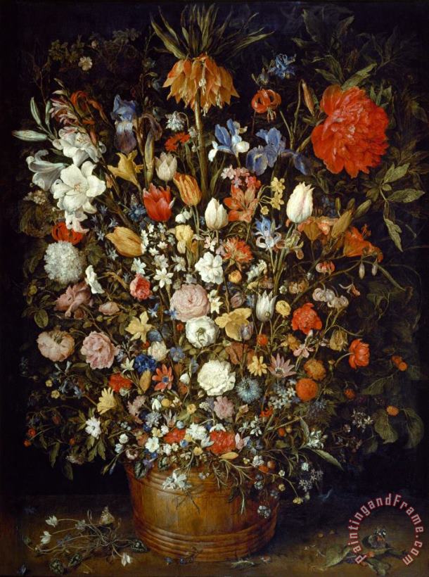 Jan Breughel Flowers in a Wooden Vessel Art Painting