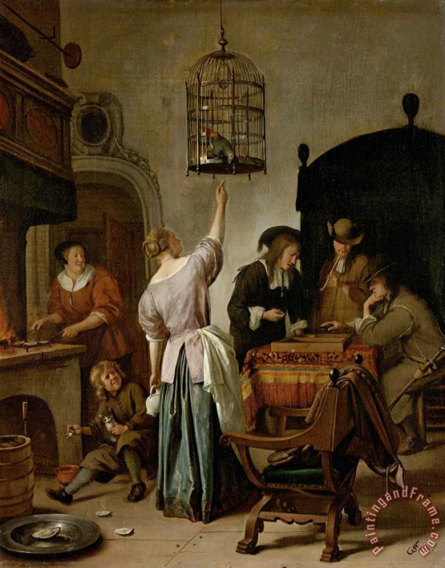 Interior with a Woman Feeding a Parrot, Known As 'the Parrot Cage' painting - Jan Havicksz Steen Interior with a Woman Feeding a Parrot, Known As 'the Parrot Cage' Art Print