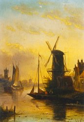 Jan Jacob Coenraad Spohler A Summer Landscape with a Windmill at Sunset