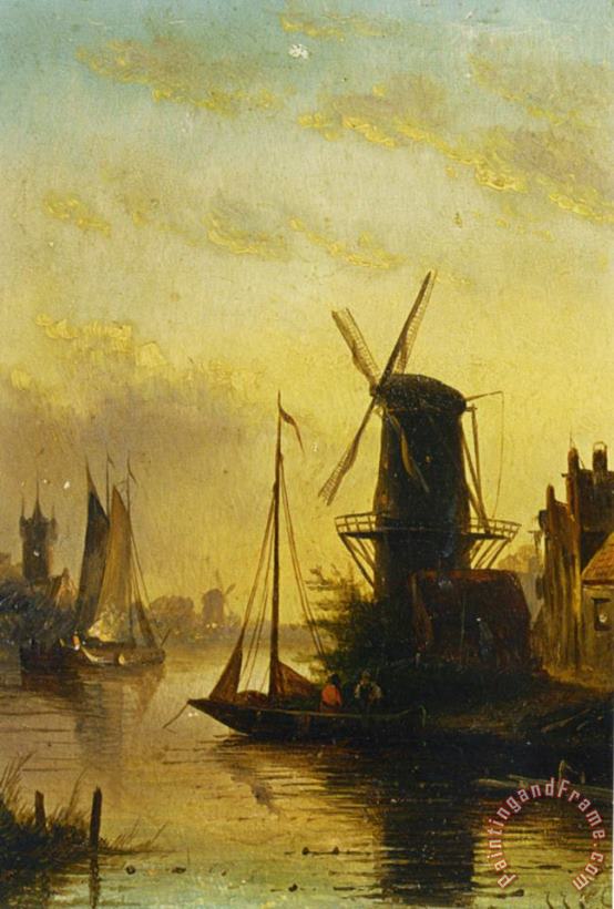 A Summer Landscape with a Windmill at Sunset painting - Jan Jacob Coenraad Spohler A Summer Landscape with a Windmill at Sunset Art Print