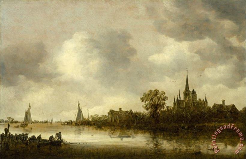 Jan Josefsz van Goyen River Landscape with a Church in The Distance Art Painting