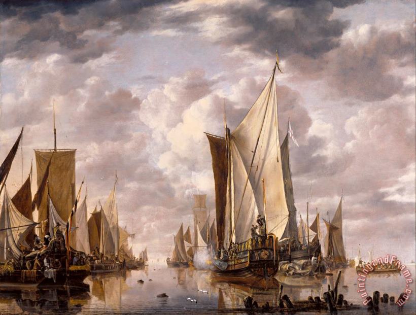 Jan van de Cappelle  Shipping in a Calm at Flushing with a States General Yacht Firing a Salute Art Painting
