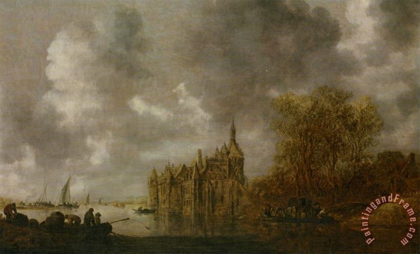 Jan Van Goyen An Extensive River Landscape with Figures Rowing And a Castle Beyond Art Painting
