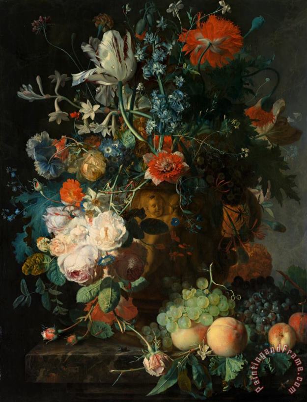 Jan van Huysum  Stilleven Met Bloemen En Vruchten Art Print
