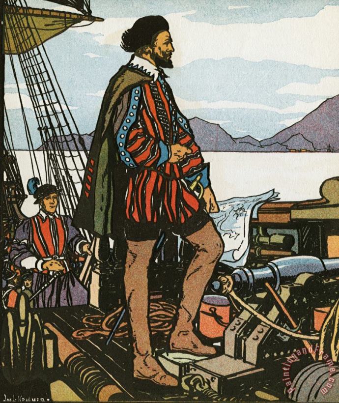 J.L. Kraemer British Elizabethan Explorer And Adventurer Sir Francis Drake Standing on Shop Looking at Shore Art Print