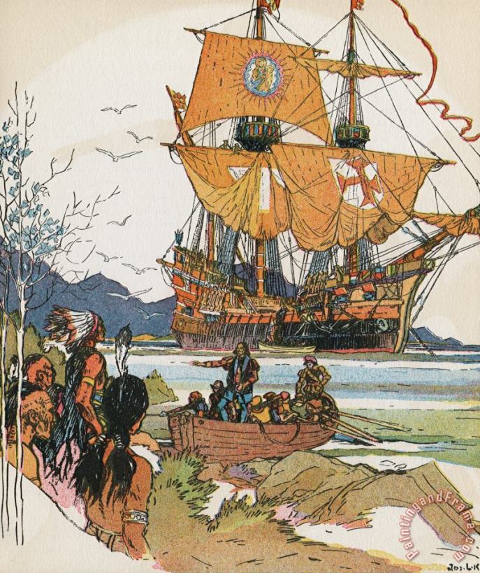 J.L. Kraemer Italian Explorer Amerigo Vespucci Lands in South America, Ships in Background Art Painting