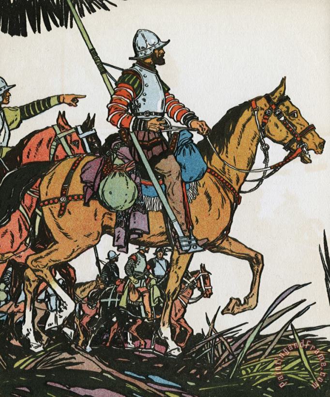 J.L. Kraemer Spanish Conquistador Francisco Pizarro Riding a Horse Carrying a Flag Art Print