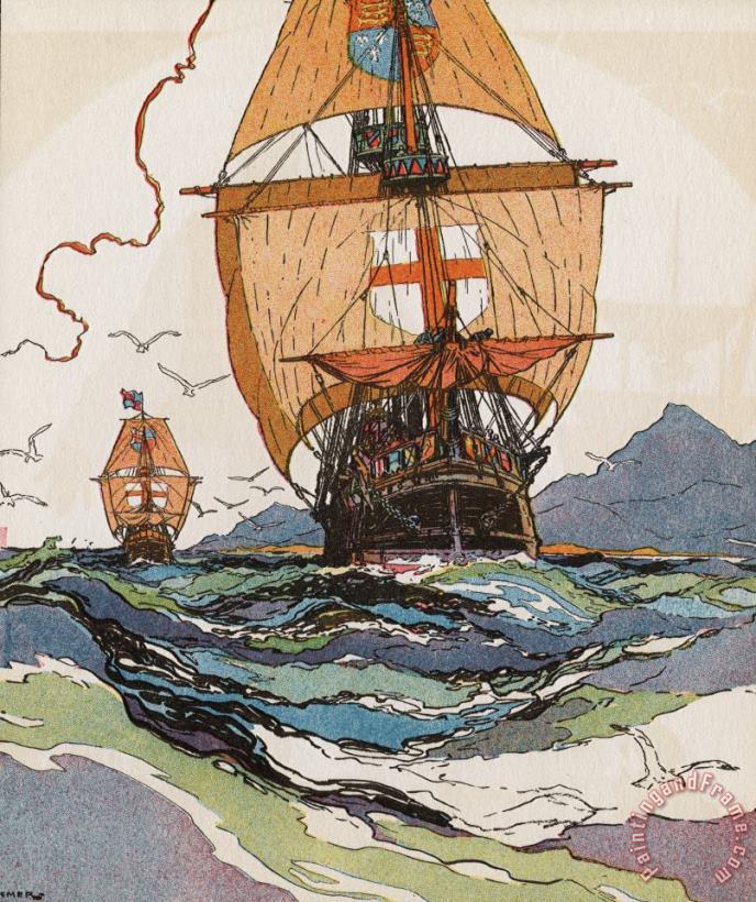 Two of Explorer Christopher Columbus' Ships painting - J.L. Kraemer Two of Explorer Christopher Columbus' Ships Art Print