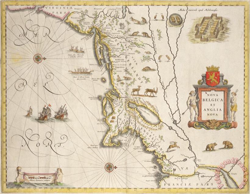 Joan Blaeu Antique Map of New Belgium and New England Art Print
