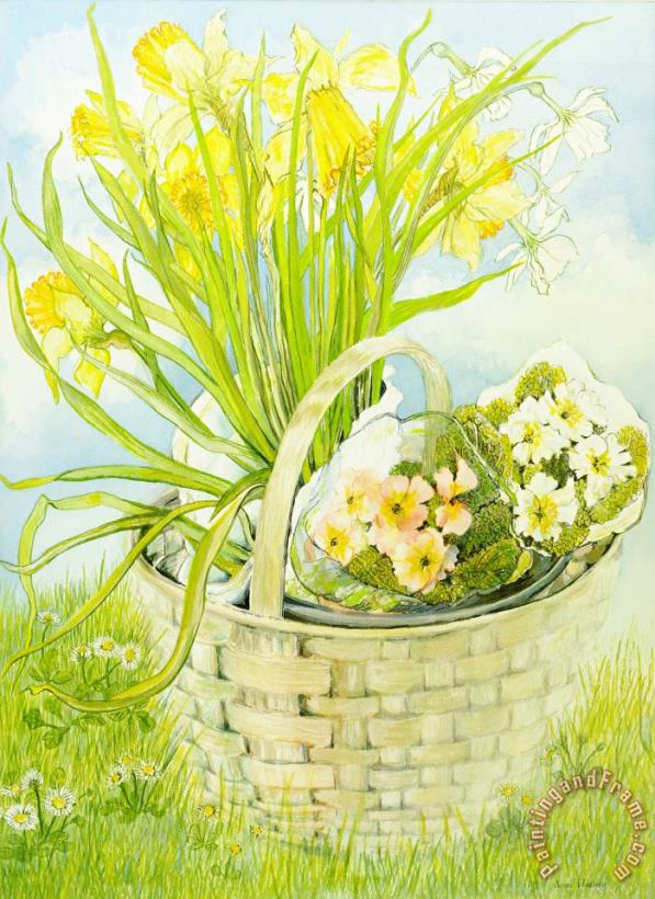 Daffodils And Primroses In A Basket painting - Joan Thewsey Daffodils And Primroses In A Basket Art Print
