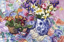 Joan Thewsey Daffodils Tulips And Iris In A Jacobean Blue And White Jug With Sanderson Fabric And Primroses