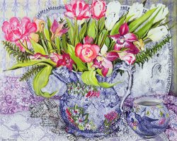 Joan Thewsey Pink And White Tulips Orchids And Blue Antique China