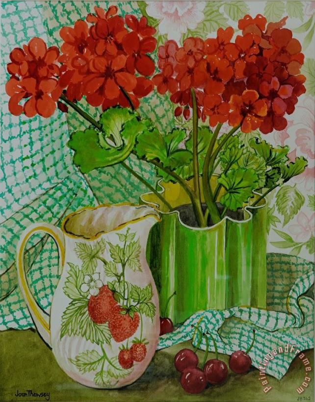 Red Geranium With The Strawberry Jug And Cherries painting - Joan Thewsey Red Geranium With The Strawberry Jug And Cherries Art Print