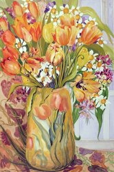 Joan Thewsey Tulips And Narcissi In An Art Nouveau Vase