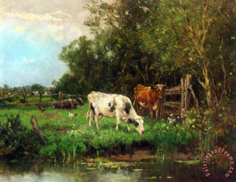 Johan Frederik Cornelis Scherrewitz Cows Watering in a Meadow Art Print