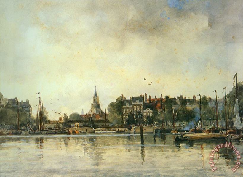 Johan Hendrik Van Mastenbroek A Townview with Moored Vessels Along a Quay Art Print