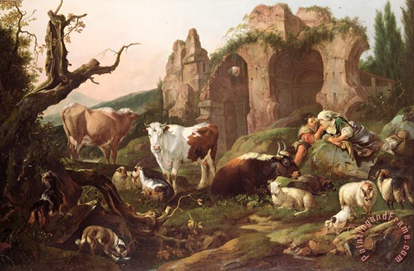Johann Heinrich Roos Farm animals in a landscape Art Painting