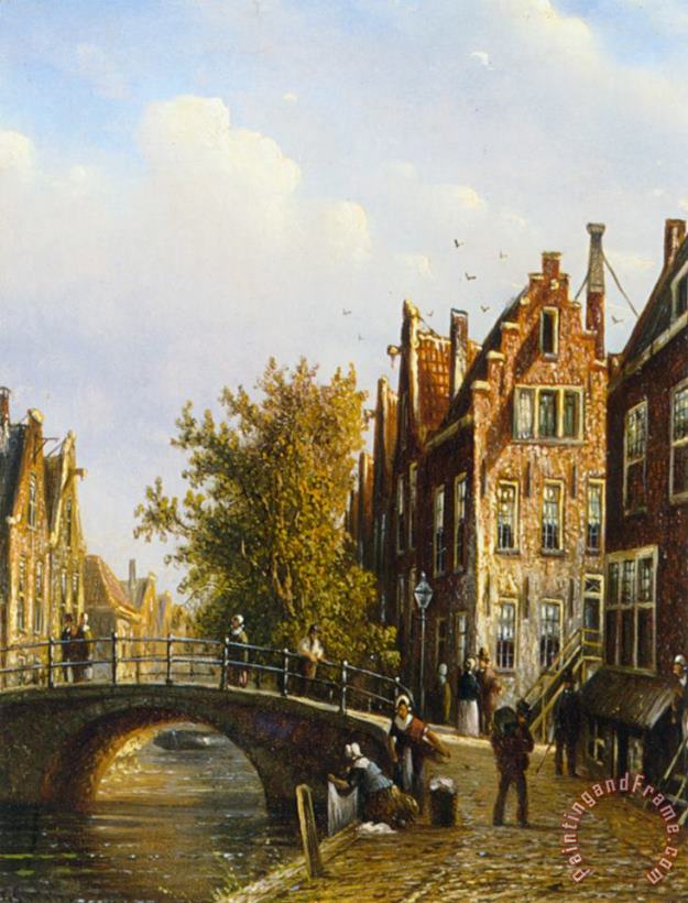 A Dutch Town with Figures on a Canal painting - Johannes Franciscus Spohler A Dutch Town with Figures on a Canal Art Print