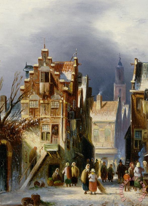 Johannes Franciscus Spohler Figures in a Wintry Dutch Town Art Painting