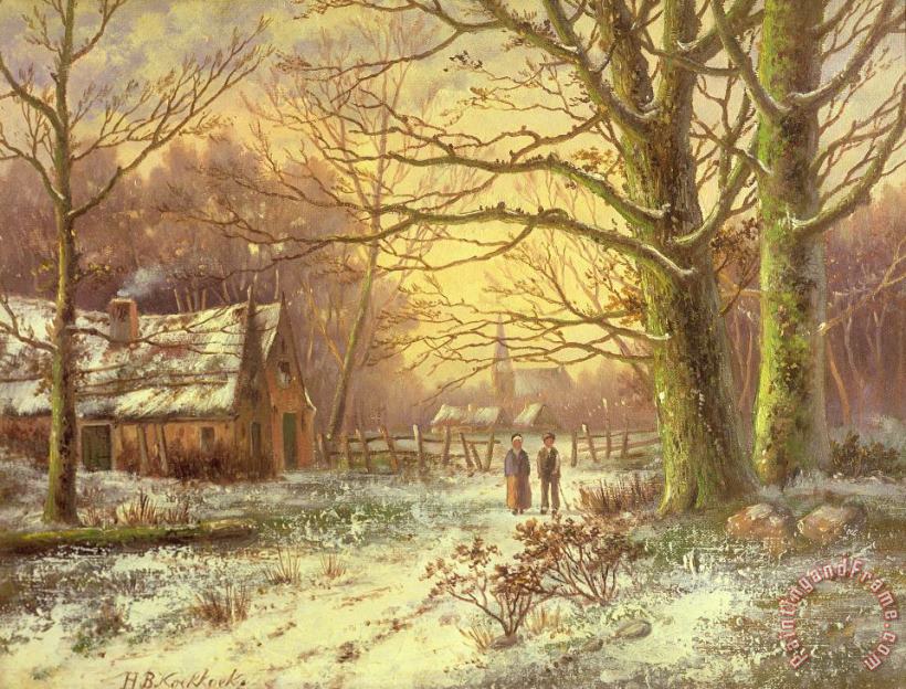 Figures on a path before a village in winter painting - Johannes Hermann Barend Koekkoek Figures on a path before a village in winter Art Print
