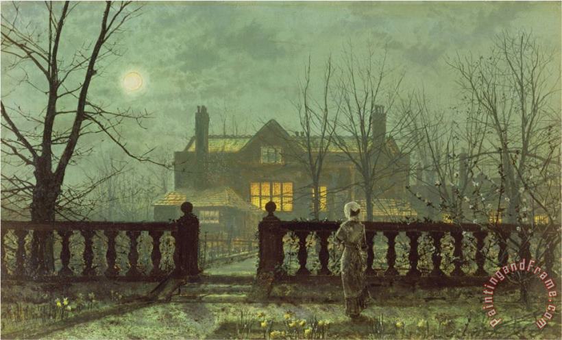 Garden in The Evening with View of an Illuminated House painting - John Atkinson Grimshaw Garden in The Evening with View of an Illuminated House Art Print