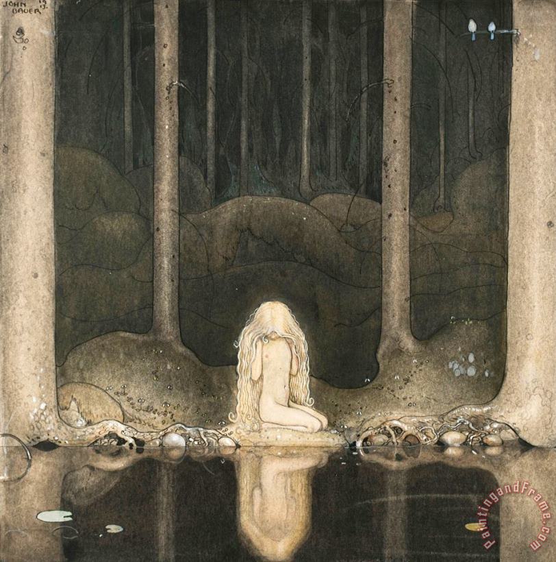 John Bauer Princess Tuvstarr Gazing Down Into The Dark Waters of The Forest Tarn. Art Painting