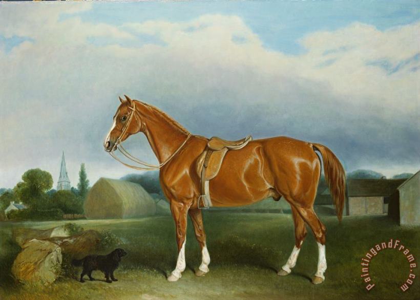 A Chestnut Hunter and a Spaniel by Farm Buildings painting - John E Ferneley A Chestnut Hunter and a Spaniel by Farm Buildings Art Print