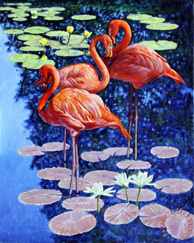 Three Flamingos in Lily Pond painting - John Lautermilch Three Flamingos in Lily Pond Art Print