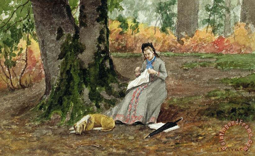 John M Tracy Woman Embroidering Under a Tree Art Painting